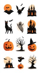 Festive Halloween elements featuring bats, ghosts, pumpkins, and haunted houses set against a spooky backdrop