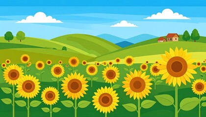 Sunflowers bloom in a vibrant green field, rolling hills, and a small village under a clear blue sky