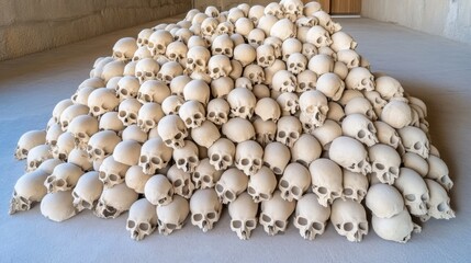 Obraz premium A large pile of human skulls arranged on the floor in an indoor setting