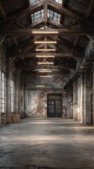 Brightly lit industrial space showcases weathered charm in an abandoned warehouse with wooden beams