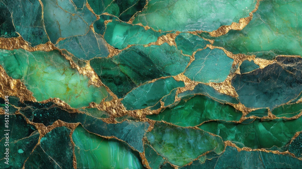 Poster rich green marble showcases intricate layers and veins of gold. the unique patterns and hues create 