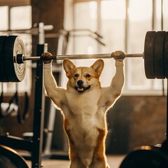 dog in the gym , dog lifting dumbell 