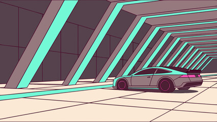 Futuristic car driving through neon lit tunnel illustration for automotive and transportation designs