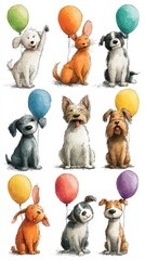 Cute dogs holding colorful balloons at a cheerful gathering to celebrate friendship and fun in an outdoor setting
