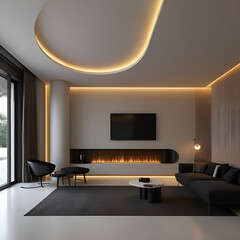 Modern Living Room Design With Fireplace Black Sofa