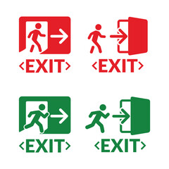 Emergency exit icon set. Evacuation signs for safety featuring a running person, a door symbol illustration, and an arrow.