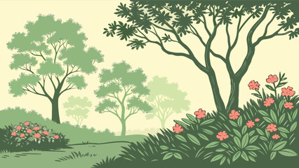 Obraz premium Drawing of a serene garden landscape with blooming flowers and lush trees in a peaceful setting outdoors