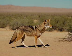 Fototapeta premium A coyote howls in the distance in the desert in sunny weather—a natural background.