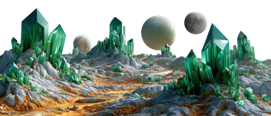 Celestial Gemscape: An awe-inspiring extraterrestrial vista unveils crystalline formations and celestial bodies, creating a surreal landscape.