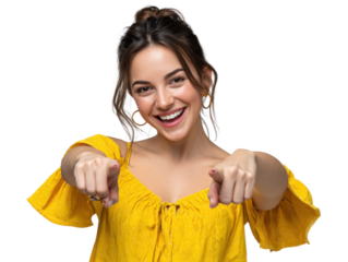Enthusiastic Woman with Outstretched Arms: A young woman in a yellow top exudes confidence and joy, her outstretched arms pointing directly at the viewer, inviting connection and engagement. 