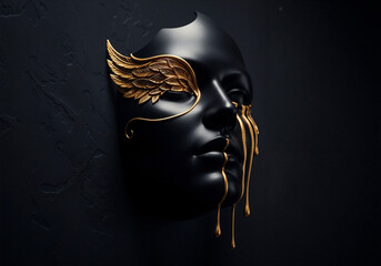 black mask with a female face with gold details . Generative AI