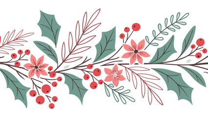 Elegant christmas floral border design with holly leaves berries and flowers for holiday season decoration