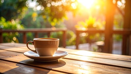 Sunlit coffee cup on wooden table, outdoor setting