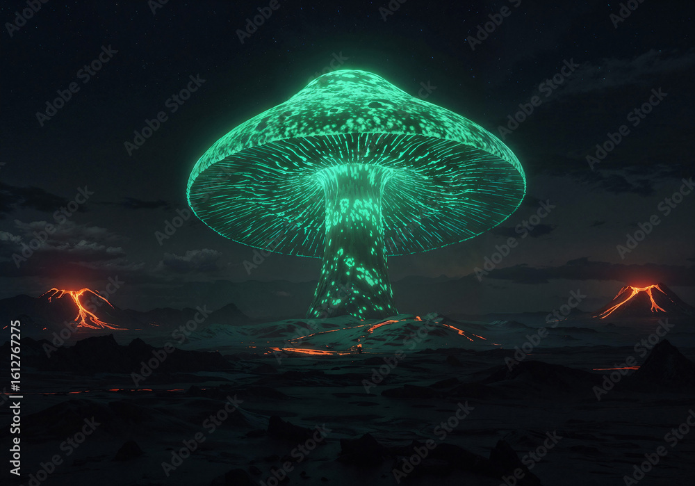 Poster a huge mushroom-shaped observatory on an unknown planet . generative ai