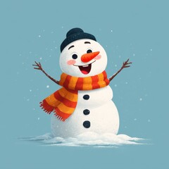 Charming snowman in a winter scene wearing a colorful scarf and hat against a blue background