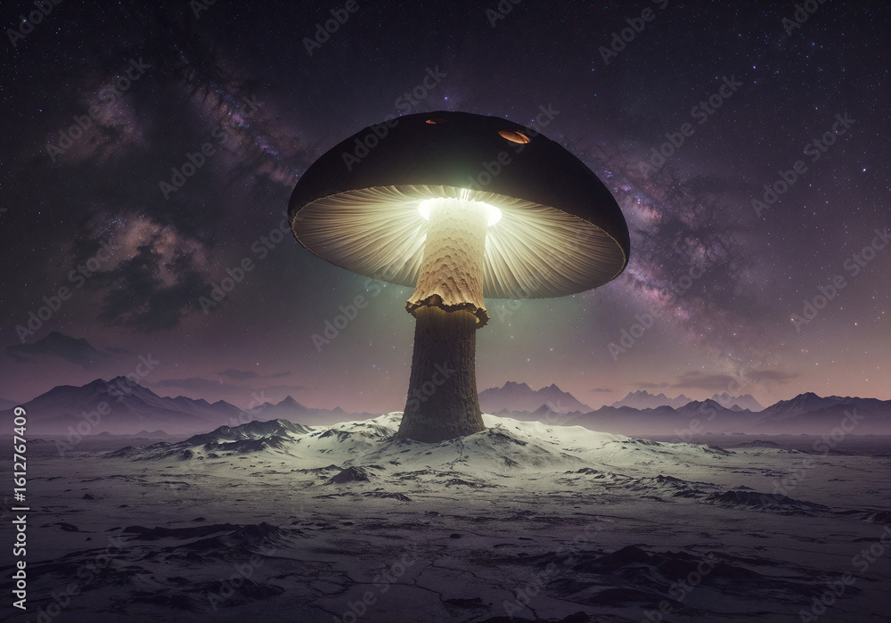 Poster a huge mushroom-shaped observatory on an unknown planet . generative ai