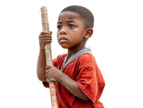 Boy Holding Wooden Stick: A young boy with a thoughtful expression holds a rustic wooden stick, his gaze fixed on something beyond the frame, his attire casual yet striking.