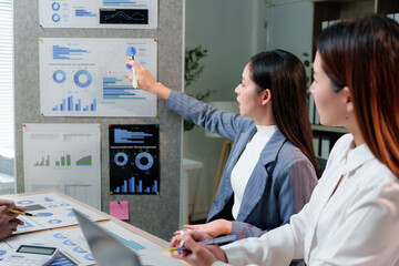 Two businesswomen analyzing financial charts displayed on a board and discussing company strategy...