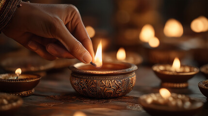 Illuminating Tradition: A hand delicately lights a diya, casting a warm glow that symbolizes hope and enlightenment amidst a captivating celebration of light.