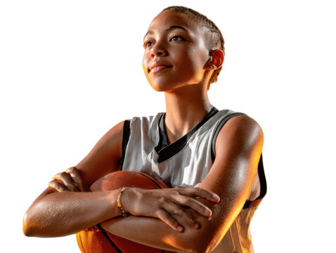 Game-Ready: A determined female basketball player, clad in athletic gear, clutches a basketball, radiating confidence, focus and preparation.