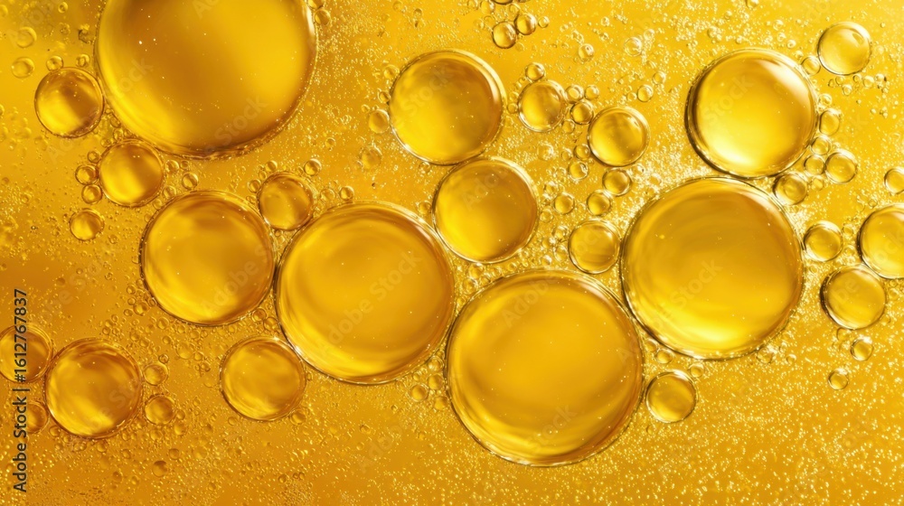 Poster golden yellow liquid cascades with bubbles forming various sizes of spheres, creating a vibrant and 