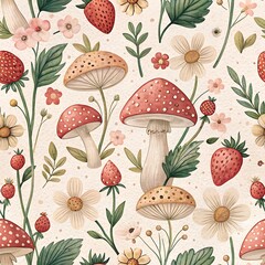 seamless background with flowers , floral pattern of flowers and mushroom 