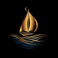 Golden sailboat gliding through dark waves under a crescent moon near the horizon in a serene maritime scene