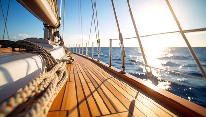 Sunlit deck of sailboat at sea, showcasing teak wood and nautical ropes