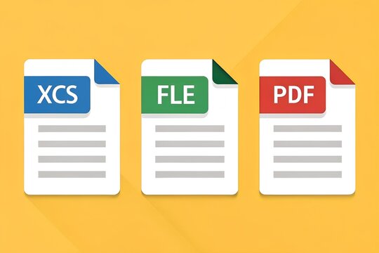 Three document files with different file extensions xcs fle and pdf on a yellow background