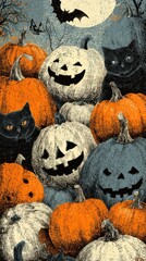 Spooky scene with smiling pumpkins and black cats under a full moon at Halloween