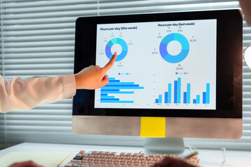 Businesswoman pointing at a computer screen displaying various charts and graphs, analyzing data to...