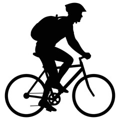 Fototapeta premium Black silhouette of a male cyclist with a backpack riding a commuter bicycle.