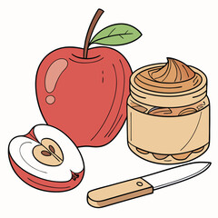 Red apple with peanut butter and knife illustration