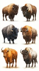 Different varieties of bison displayed in a detailed artistic illustration showcasing their unique features and textures