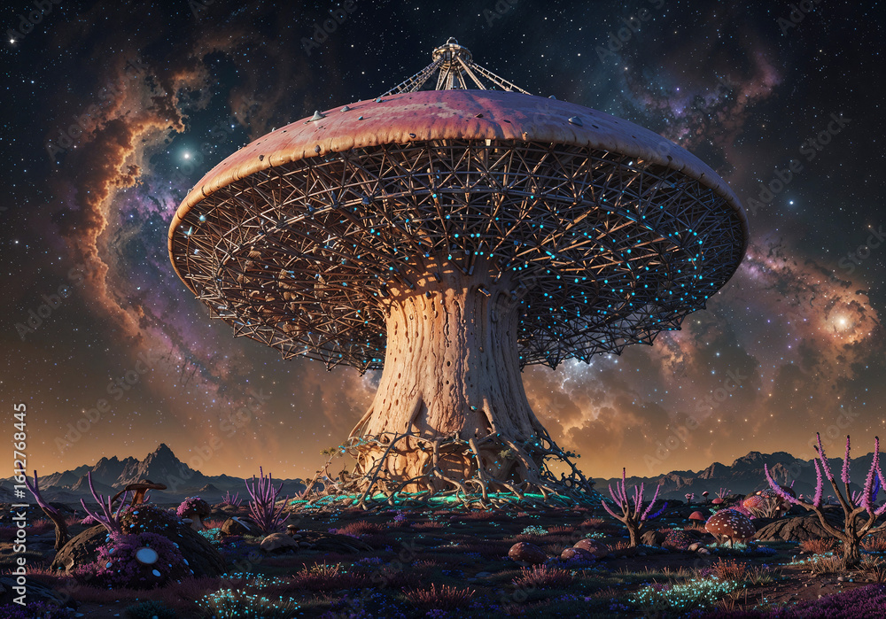 Poster a huge mushroom-shaped observatory on an unknown planet . generative ai