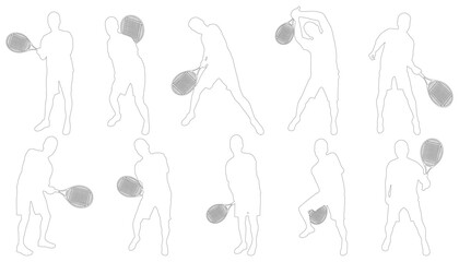 Contours of male tennis player, isolated. Set. The type of sport is lawn tennis. An active man hitting a ball with a racket. Vector illustration