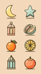 Decorative patterns with moon, star, lantern, and fruits on a pastel background during a festive celebration