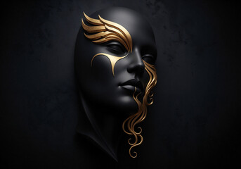black mask with a female face with gold details . Generative AI