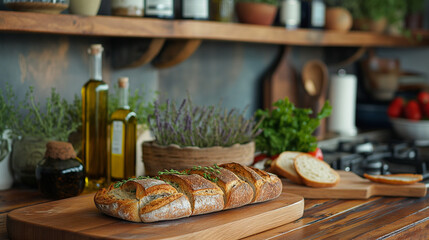 Artisan bread with olive oil and fresh herbs on a rustic kitchen counter