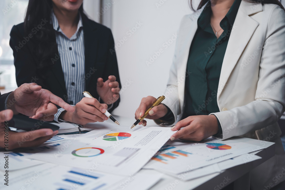 Poster business team analyzing financial documents using data charts and graphs, making investment plan and