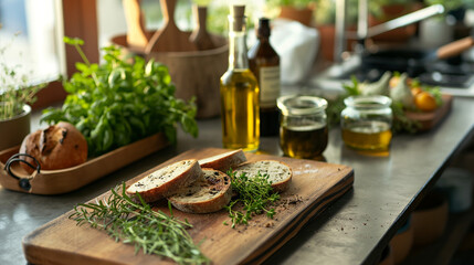 Fresh ingredients and bread on a cutting board in a kitchen