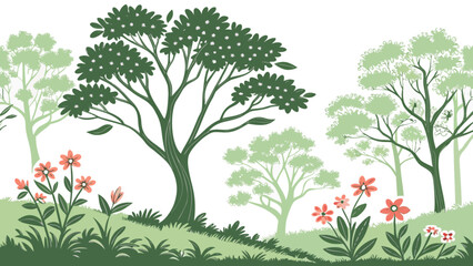 Beautiful nature scene illustration with trees flowers and grass vector graphic design landscape background