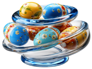 Easter Eggs in Glass Bowl: Colorful, decorated easter eggs rest within a glass bowl, showcasing intricate designs and vibrant hues. A symbol of renewal and springtime.