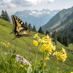 butterfly on yellow flowers on a mountains background
