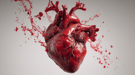 Realistic 3D anatomical human heart with splashing blood concept for health science medicine organ transplant and cardiology education