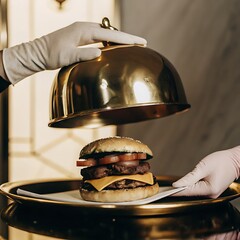A man serving burger for some one,in big restaurant 
