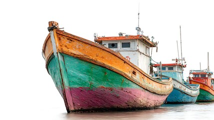 Fototapeta premium Colorful Vintage Fishing Boats on the Shore, Showing Worn Paint and Rustic Charm