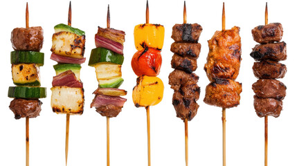 Culinary Skewers: A mouthwatering display of vibrant grilled skewers, each adorned with a colorful mix of vegetables and succulent grilled protein, set against a simple background. 