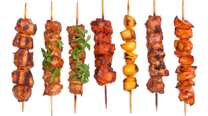 Culinary Array: A delectable assortment of grilled skewers, showcasing a variety of meats and vegetables, tantalizing the viewer's palate.