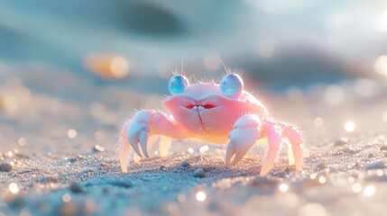 Pink crab with googly eyes on sandy beach, sunlit and sparkly